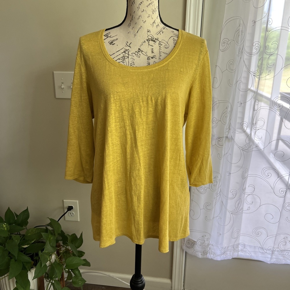 Eileen Fisher Linen‎ Tee Shirt Womens Medium Yellow 3/4 Sleeve Lightweight Beach